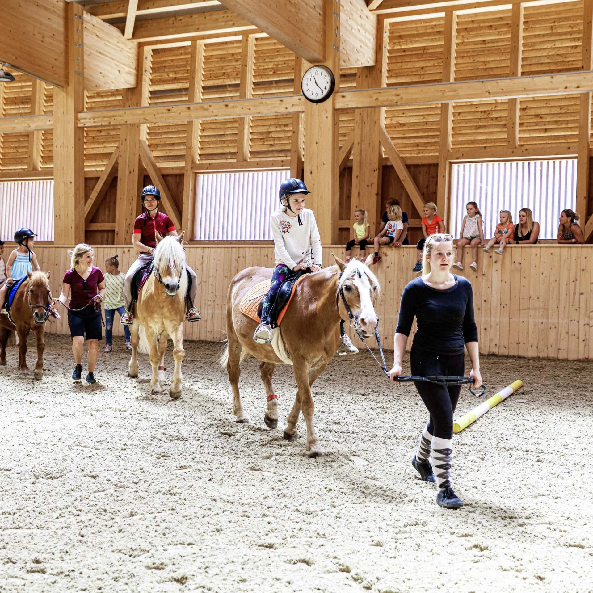 Kinder beim Reitunterricht in einer hellen Holzhalle, geführt von Erwachsenen