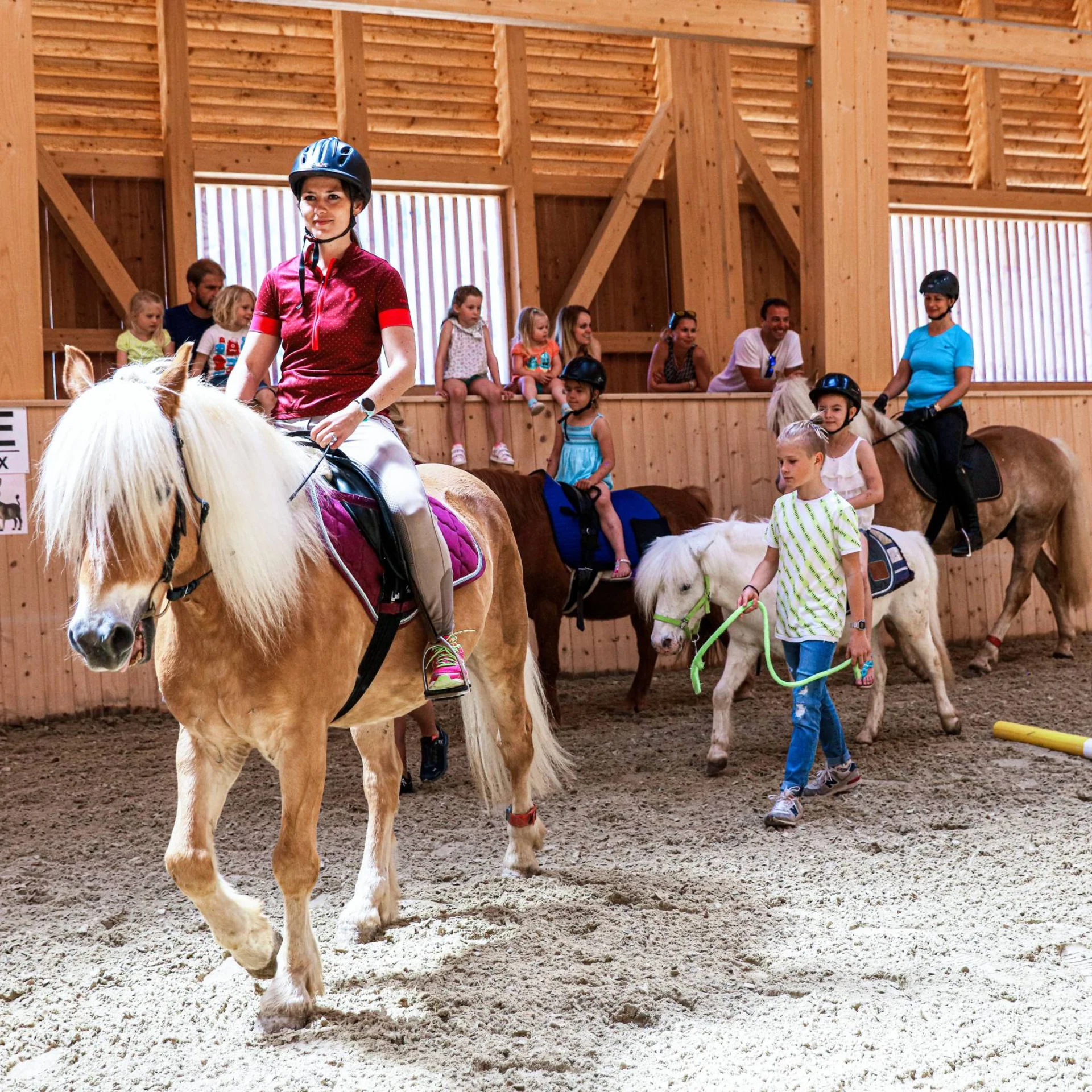 Reitstunde in der Halle mit Erwachsenen und Kindern auf Ponys