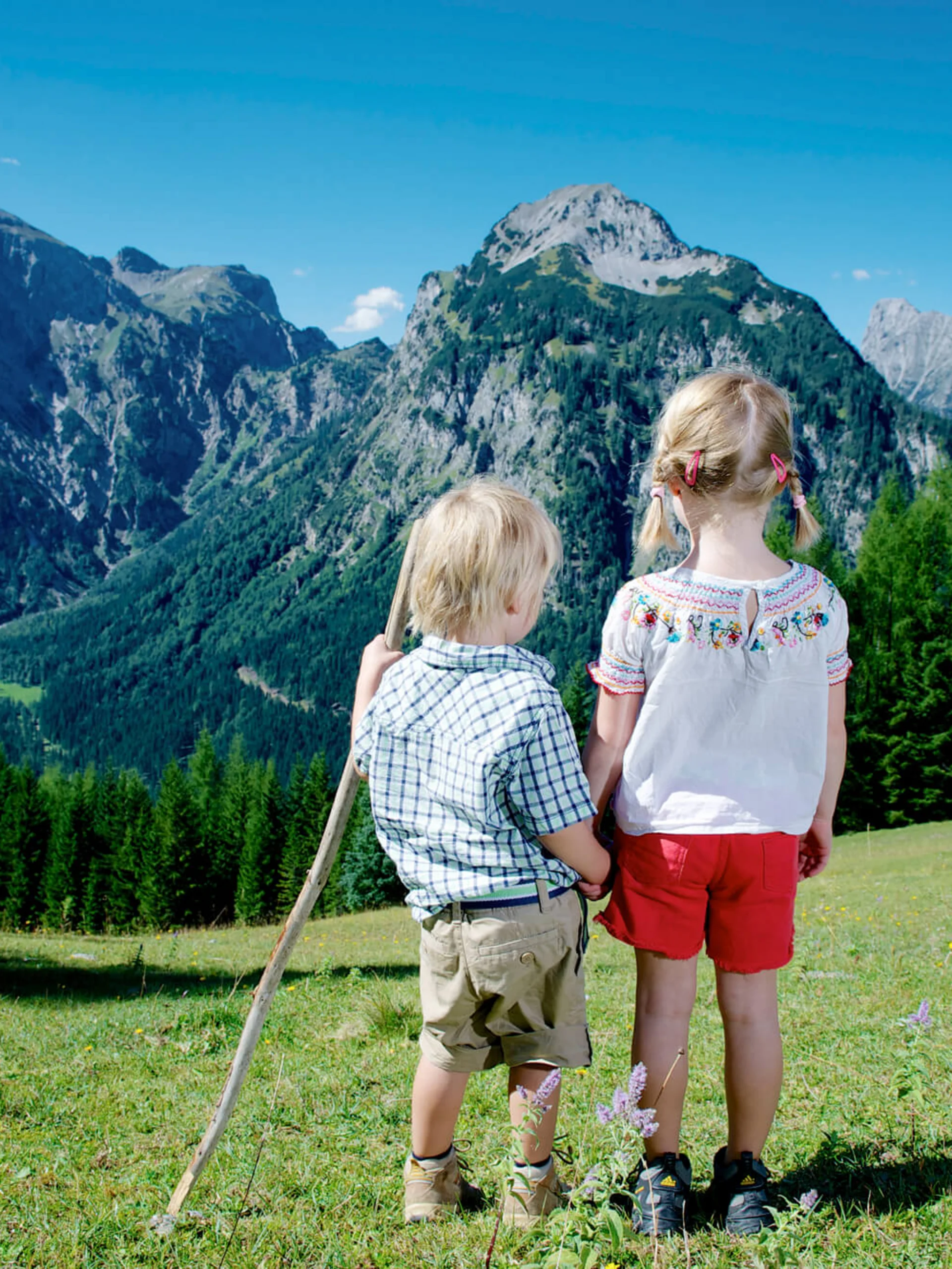Zwei Kinder stehen auf einer Wiese und blicken auf bewaldete Berge unter blauem Himmel