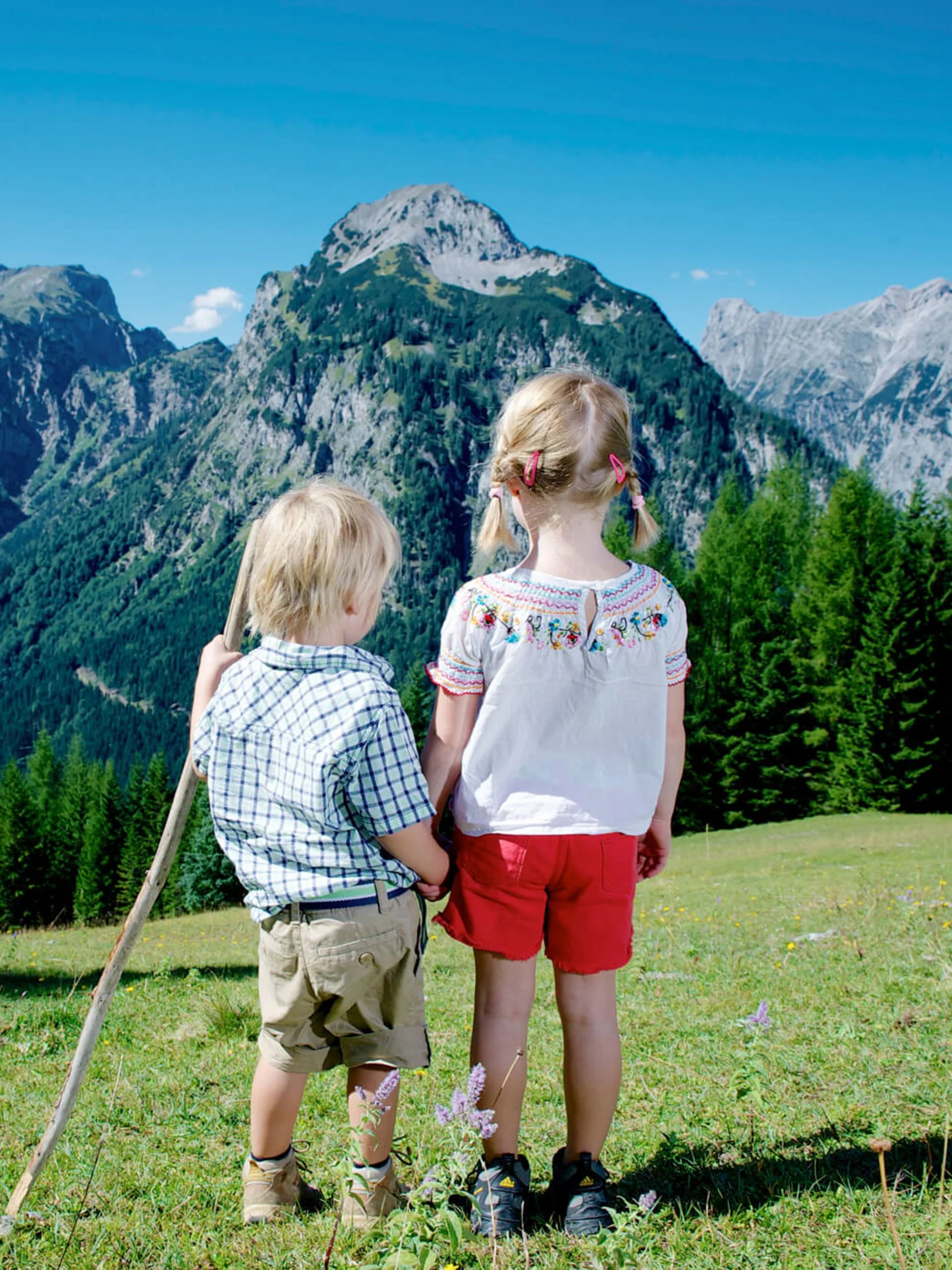 Zwei Kinder stehen auf einer Wiese und blicken auf bewaldete Berge unter blauem Himmel