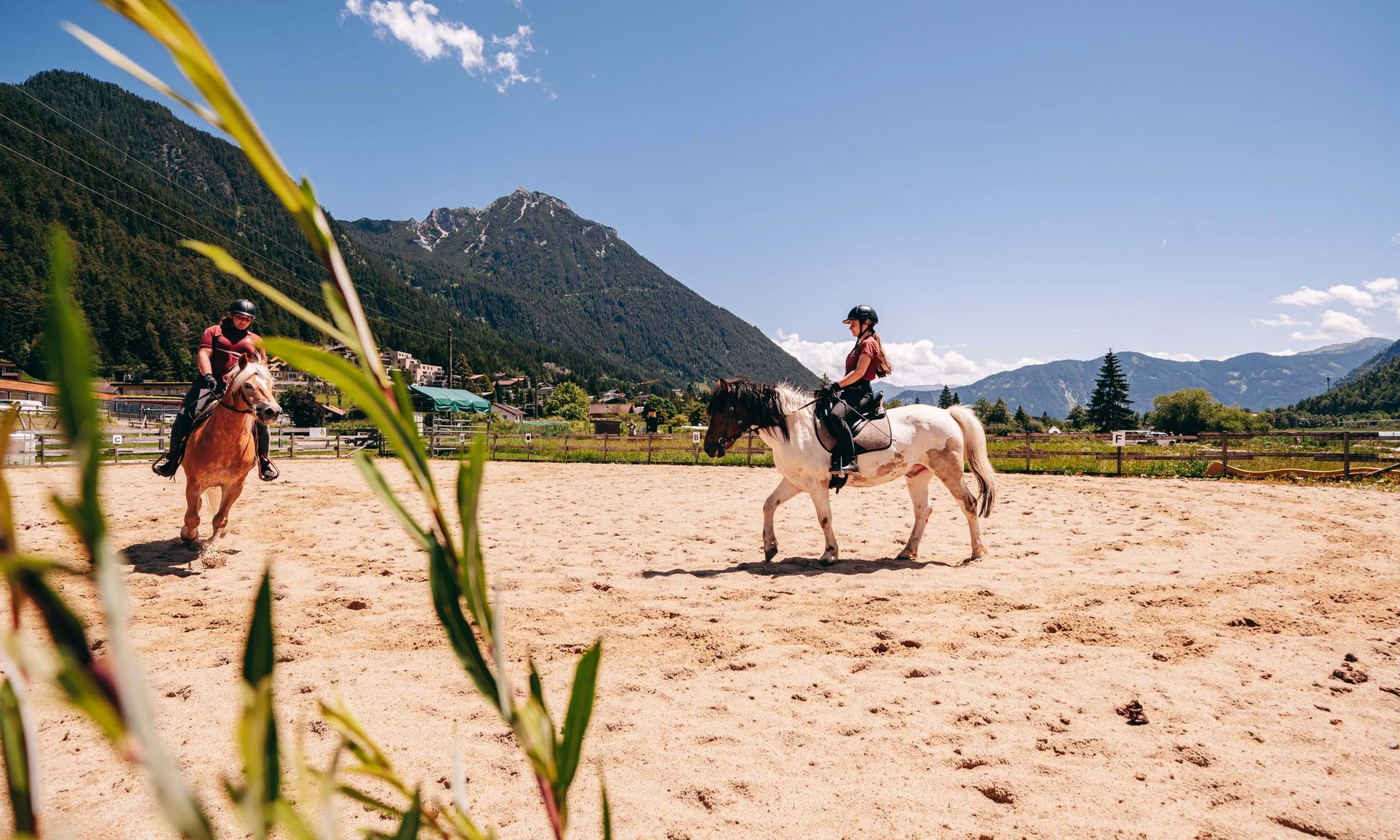 Two people riding horses in a sandy paddock with mountains in the background on a sunny day
