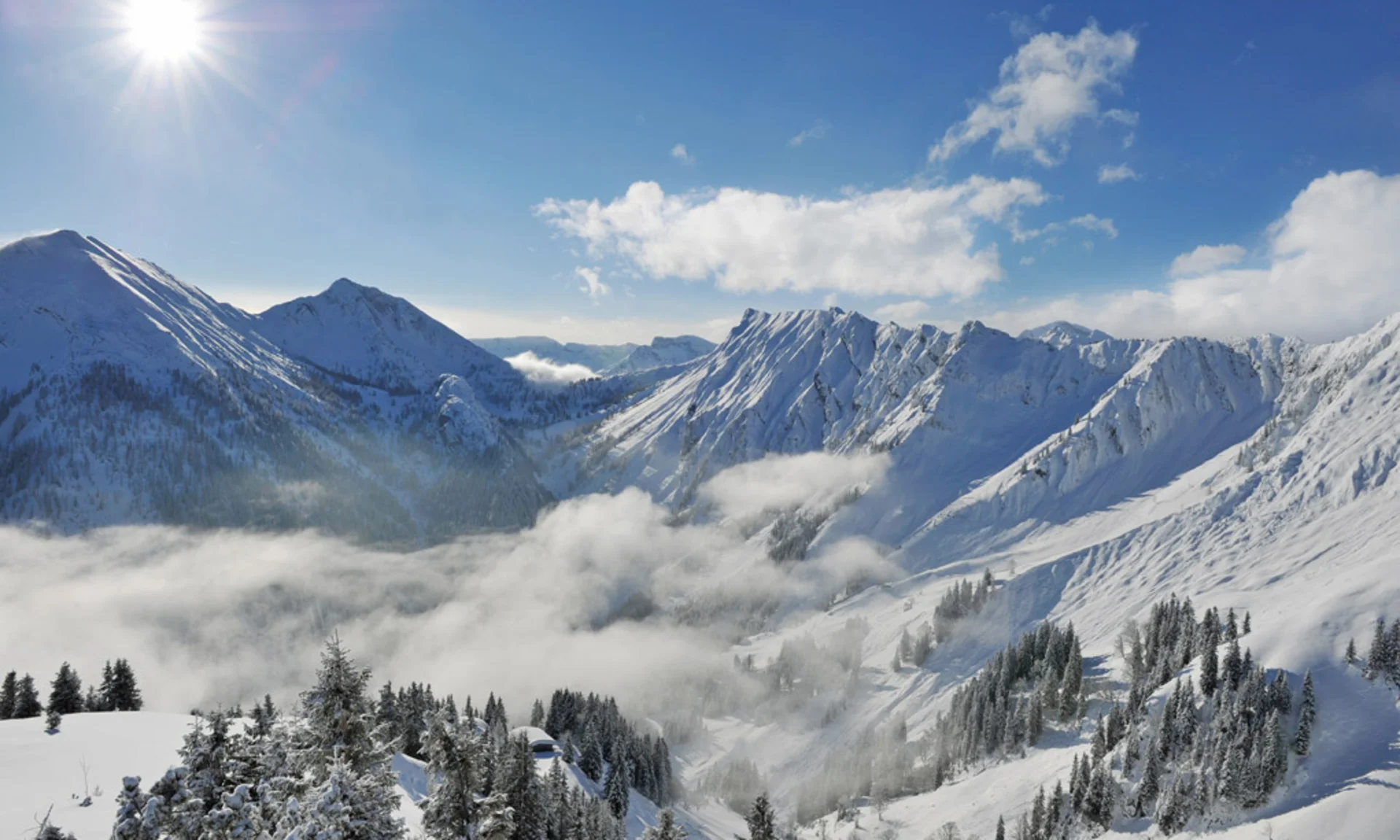 Sonnige, schneebedeckte Alpen mit Bergen, Wolken und Tannenbäumen