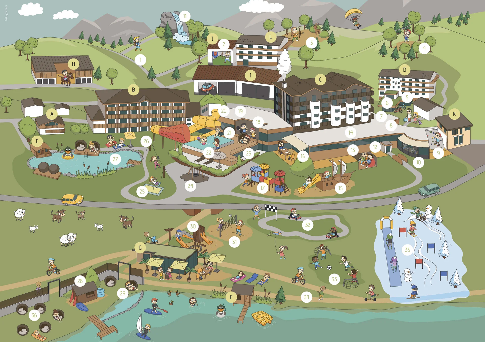 Illustration eines Freizeitparks mit Aktivitäten im Sommer und Winter