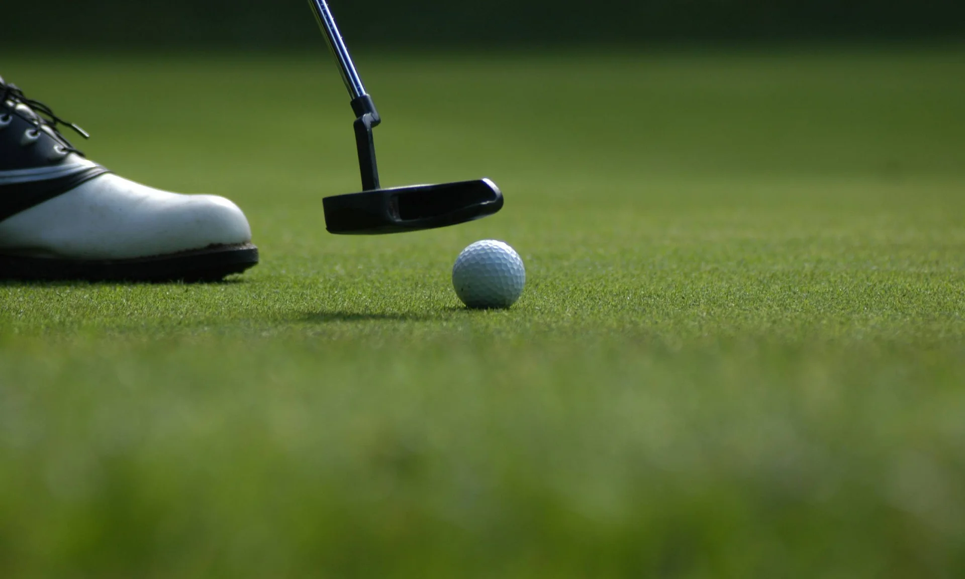 Golfball und Golfschläger auf grünem Rasen beim Putten